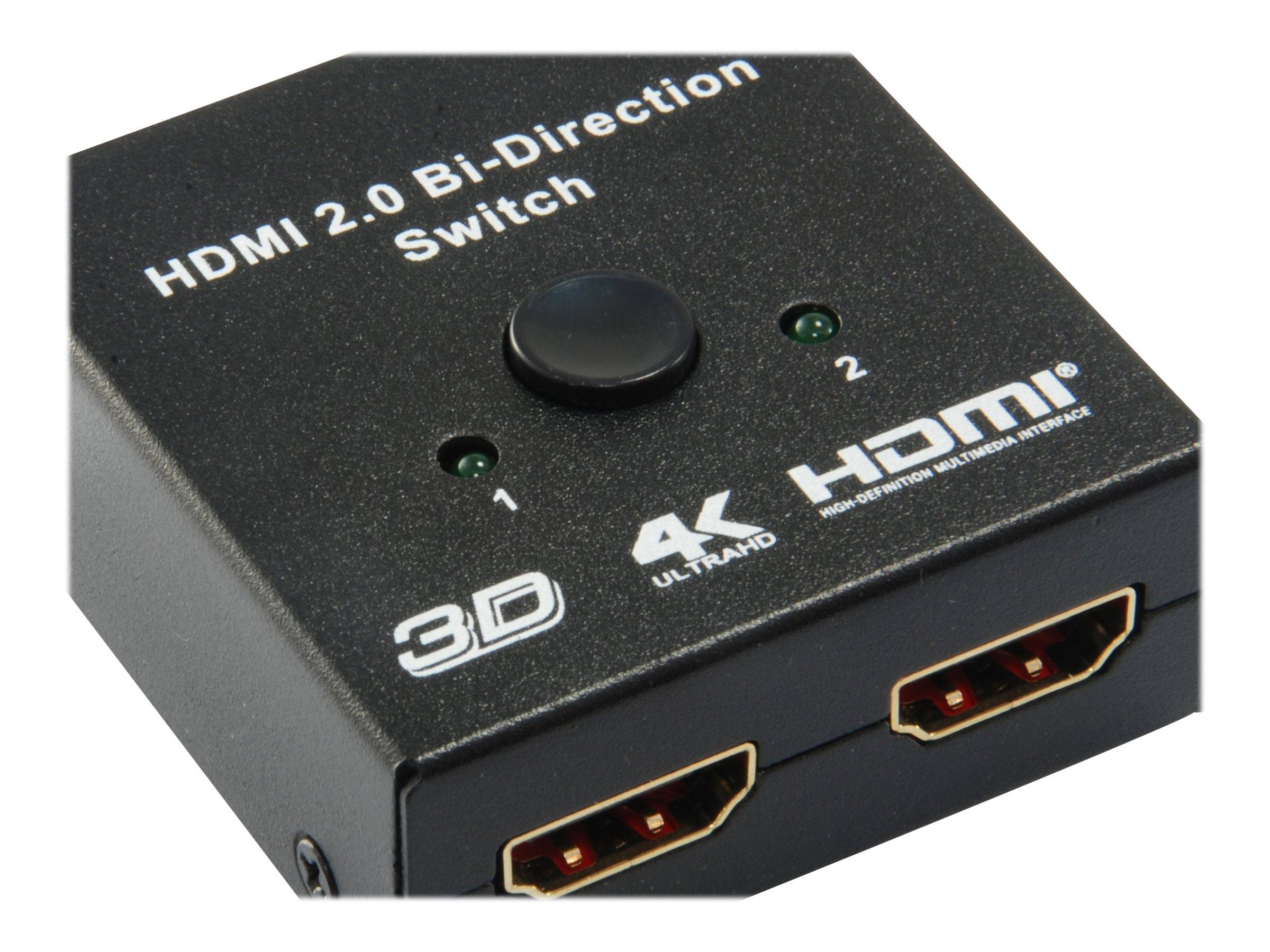 Schwarze bidirektionale HDMI 2.0-Umschalterbox mit einer zentralen Taste, zwei Anzeigelampen und zwei HDMI-Anschlüssen auf der Vorderseite.
