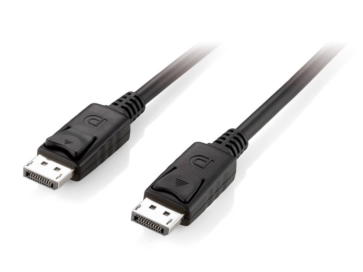 Zwei schwarze DisplayPort-Steckerverbindungen auf weißem Hintergrund, nebeneinander angezeigt.