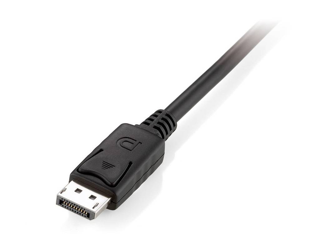 Nahaufnahme eines DisplayPort-Kabelsteckers mit schwarzem geformtem Stecker auf weißem Hintergrund.