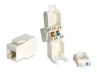 Weiße Ethernet-Wanddose Komponenten: ein Stecker, ein Montagenrahmen und ein Auflegungs-Modul auf weißem Hintergrund.
