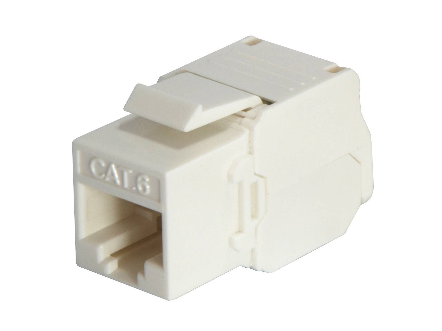 Weiße CAT6-Ethernet-Keystone-Buchsenkupplung mit einem rechteckigen RJ45-Anschluss und Schnappverschluss, abgebildet auf weißem Hintergrund.