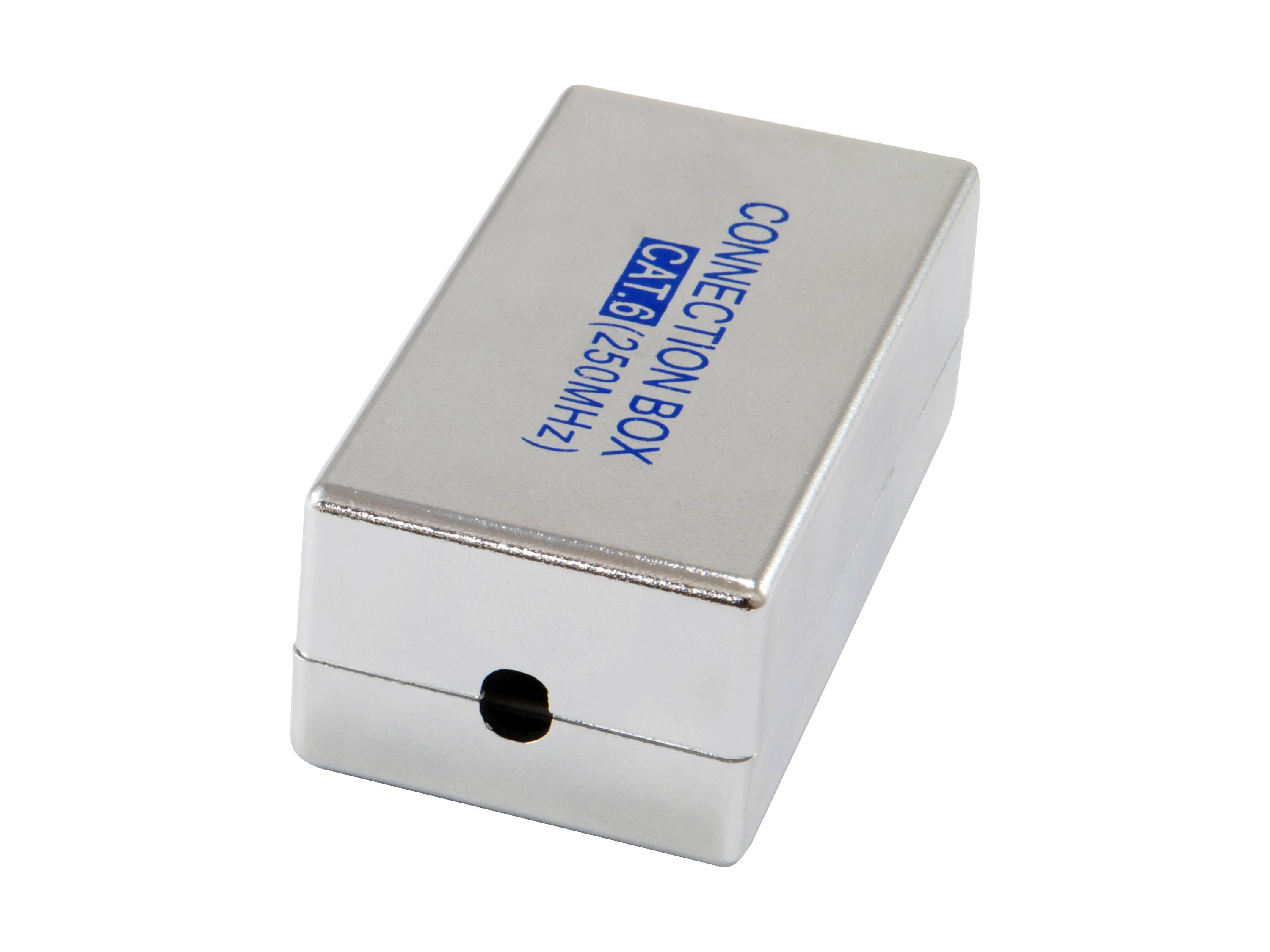 Silberne Ethernet-Verbindungsbox mit der Bezeichnung „CONNECTION BOX CAT.6 (250MHz)