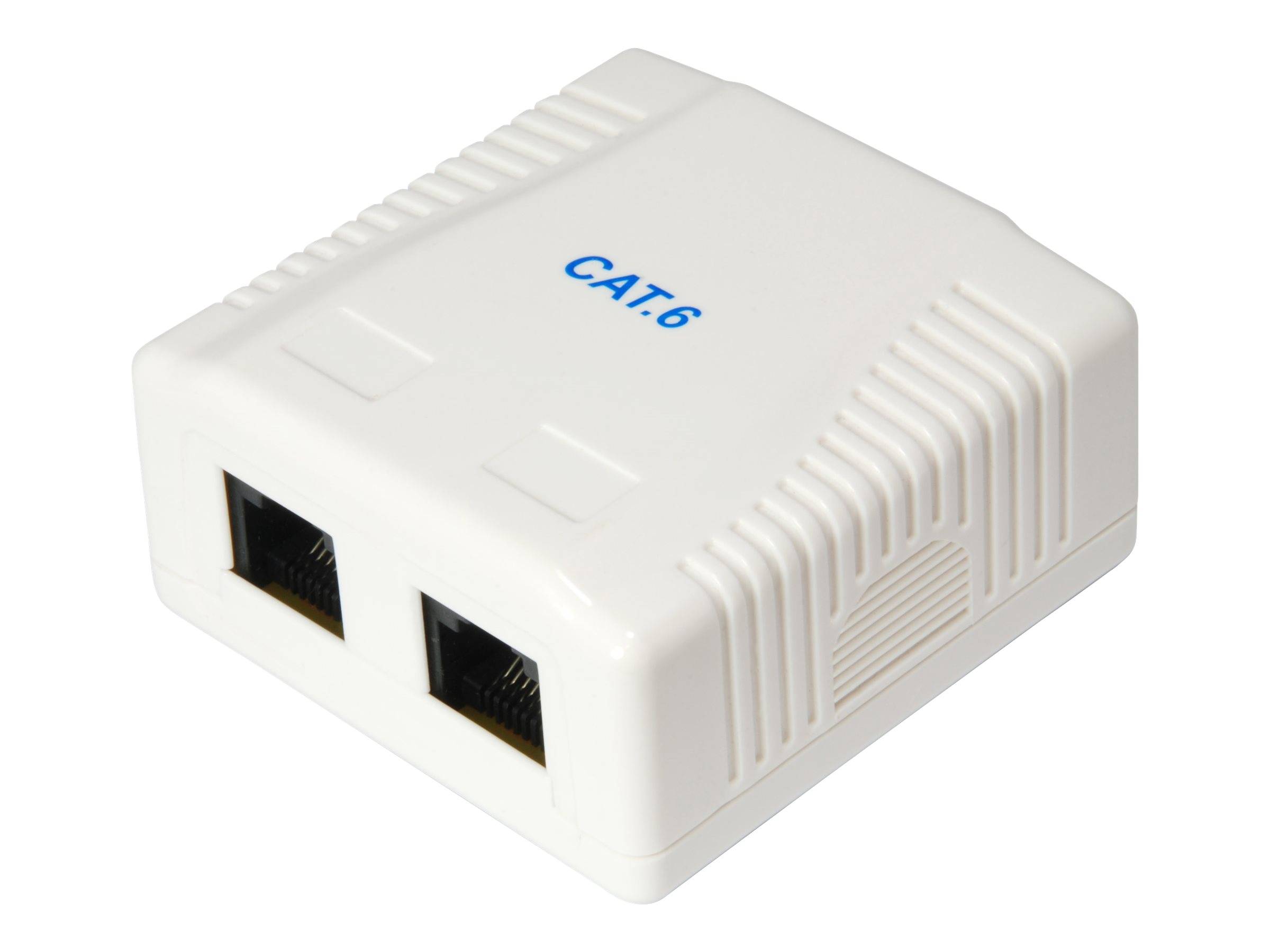 Weiße CAT6 Aufputz-Ethernet-Buchsenbox mit zwei RJ45-Anschlüssen an der Vorderseite.