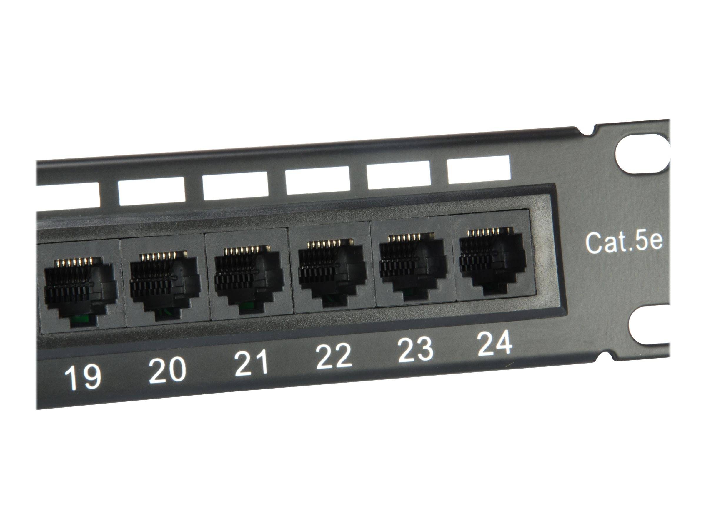 Nahaufnahme eines Cat.5e-Patchfelds mit sechs nummerierten Ethernet-Anschlüssen mit den Nummern 19 bis 24.