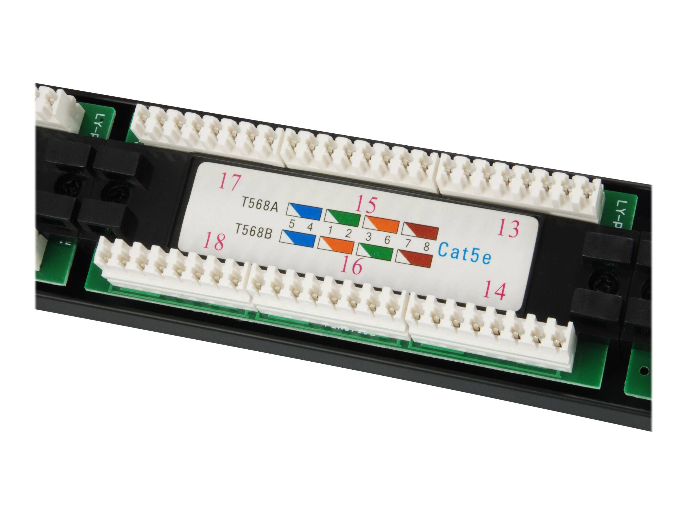 Nahaufnahme eines Ethernet-Patchfelder-Moduls mit der Bezeichnung T568A/T568B und Cat5e, mit farbcodierten Verdrahtungsschlitzen und nummerierten Anschlüssen.