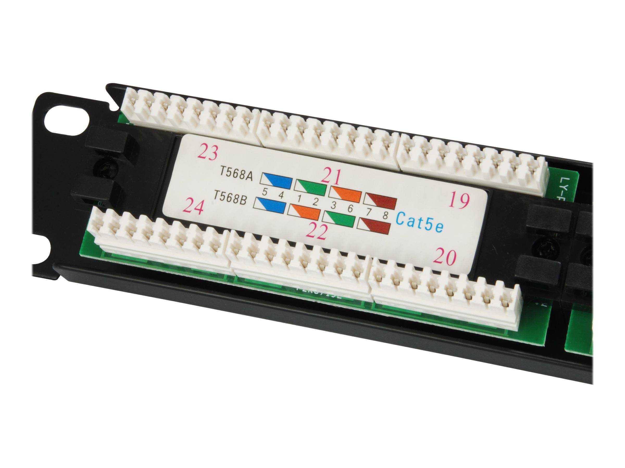 Nahaufnahme einer Cat5e-Anschlussdose mit T568A/T568B-Verdrahtungsdiagramm und nummerierten Anschlüssen.