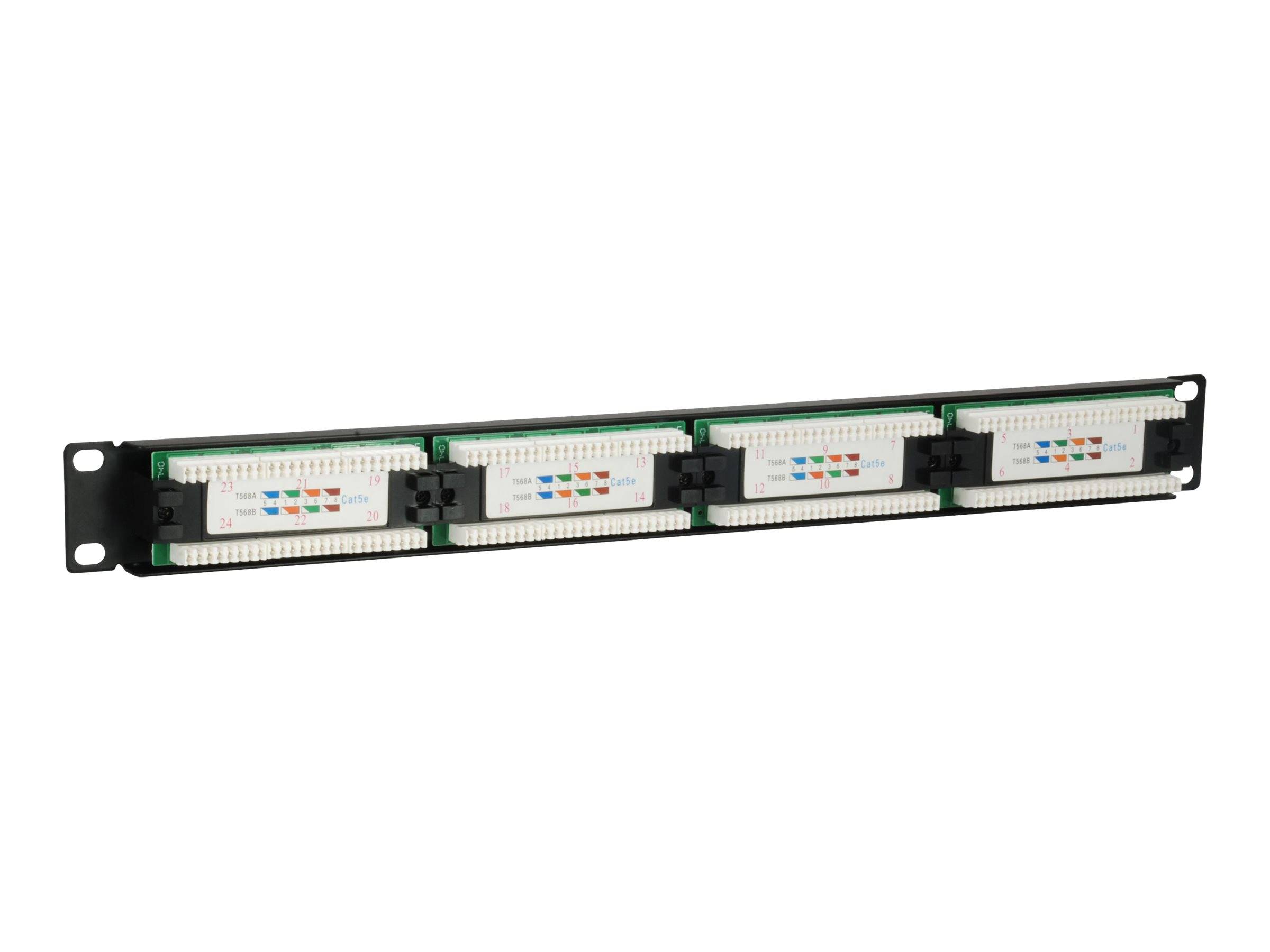 Vierport-Rack-montiertee Ethernet-Patchfeld mit nummerierten farbcodierten RJ45-Anschlüssen auf einer schwarzen Metallhalterung.