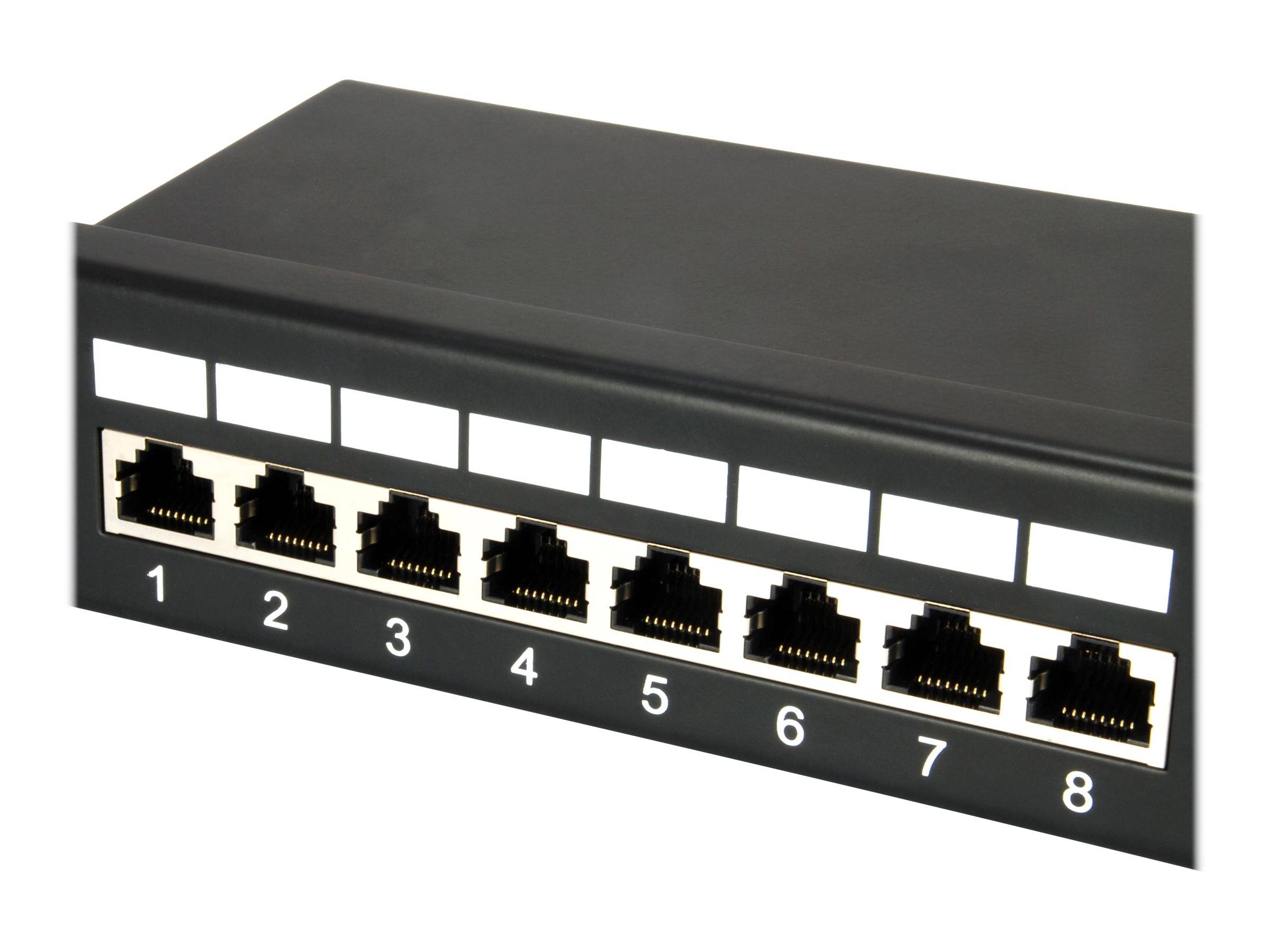 Schwarze 8-Port-Ethernet-Netzwerk-Patchpanel mit nummerierten RJ45-Anschlüssen 1-8.