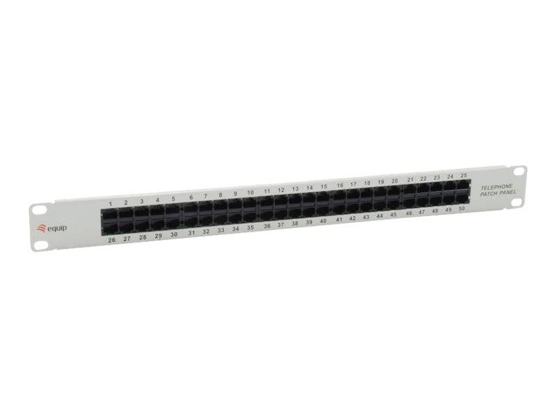 Telefon-Patchfeld mit 48 nummerierten Ports auf einer weißen Rack-Mount-Frontplatte.