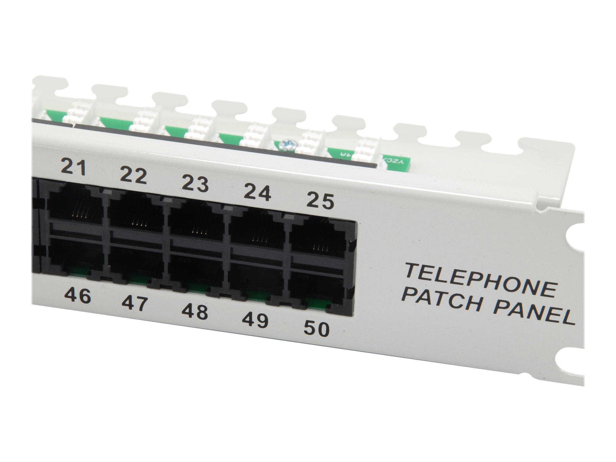 Telefon-Patchfeld mit nummerierten Anschlüssen 21-25 oben und 46-50 unten, mehrere RJ45-ähnliche Buchsen und das Etikett „TELEFON-PATCHFELD