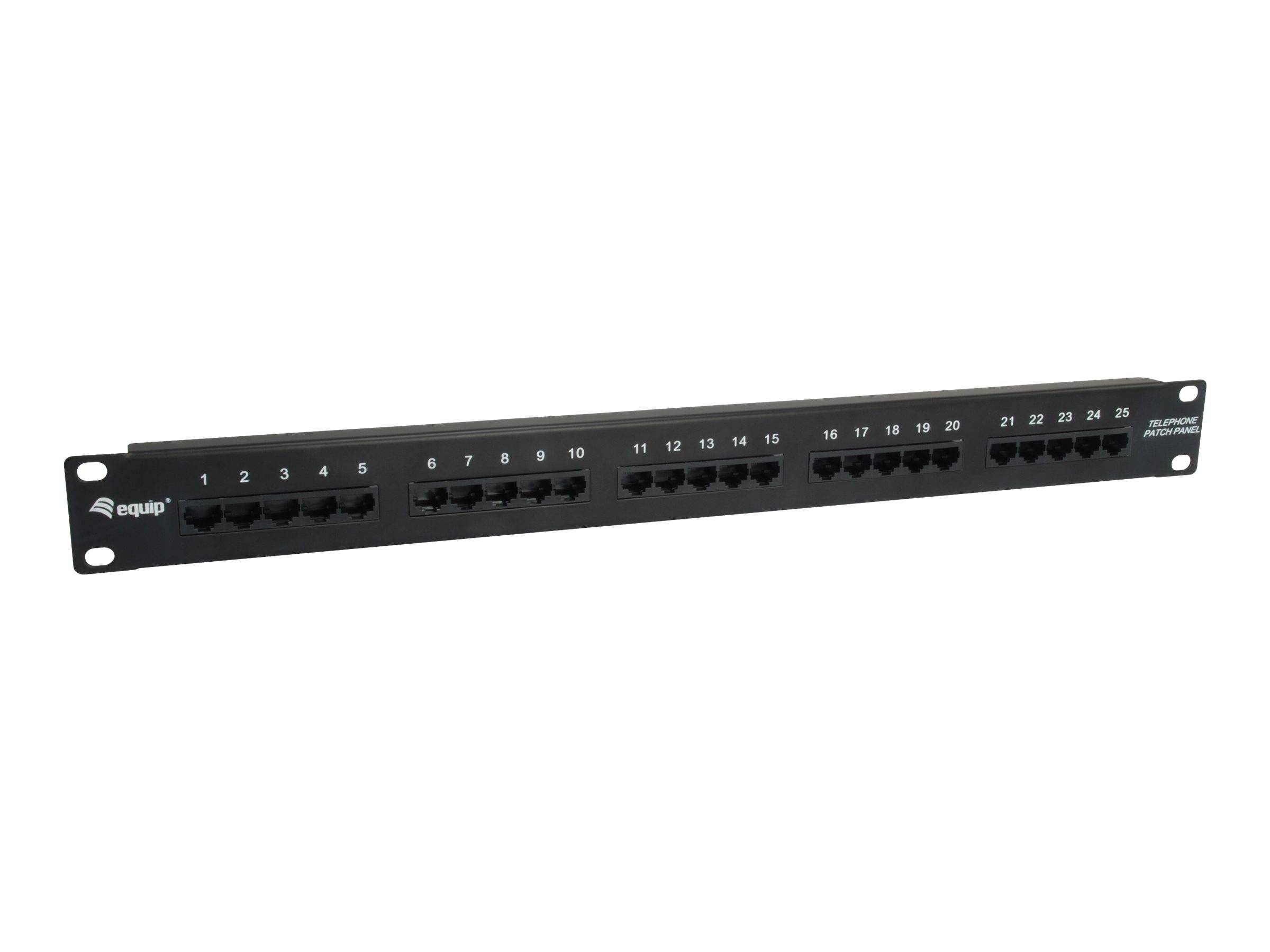 Schwarze 24-Port-Ethernet-Patchpaneel mit nummerierten RJ45-Buchsen und Rack-Montage-Halterungen für Netzwerkkabelverbindungen.