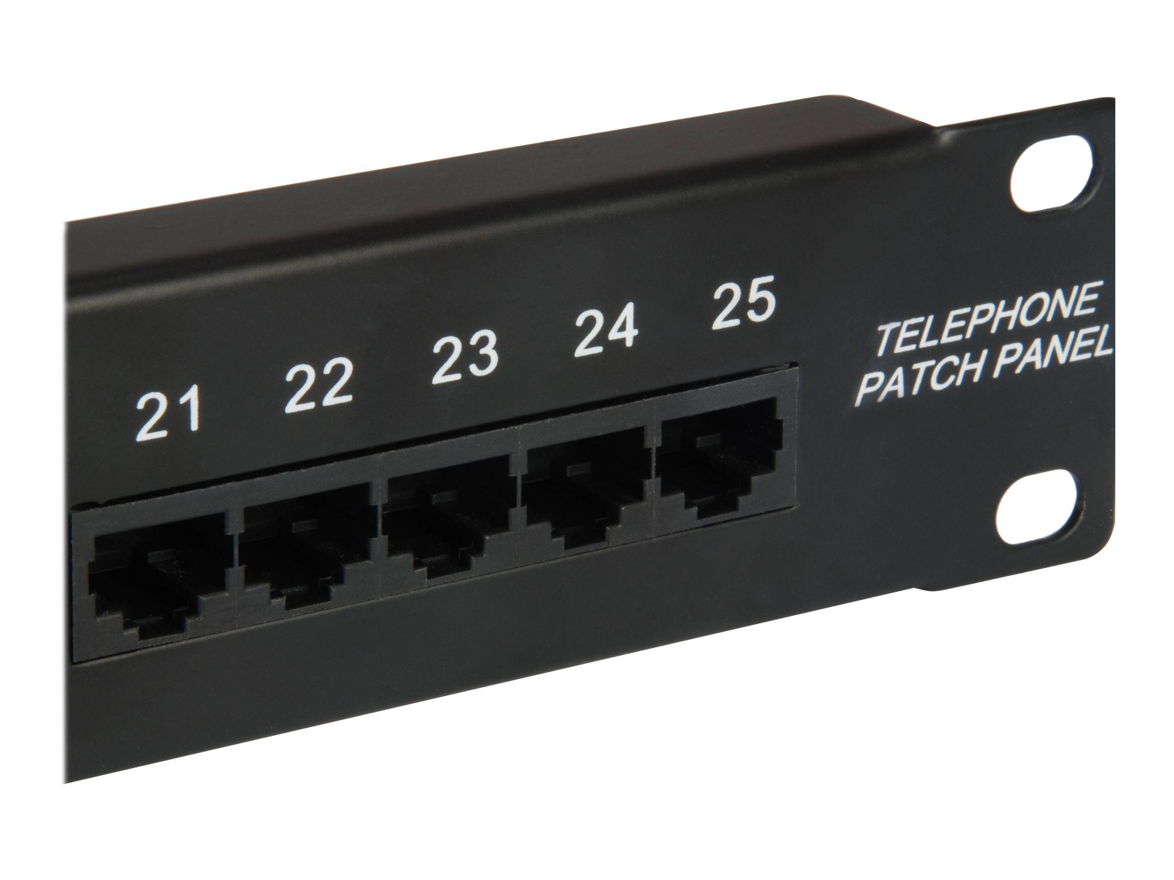 Schwarzes Telefon-Patchpanel mit fünf nummerierten Anschlüssen, nummeriert von 21 bis 25, auf weißem Hintergrund.