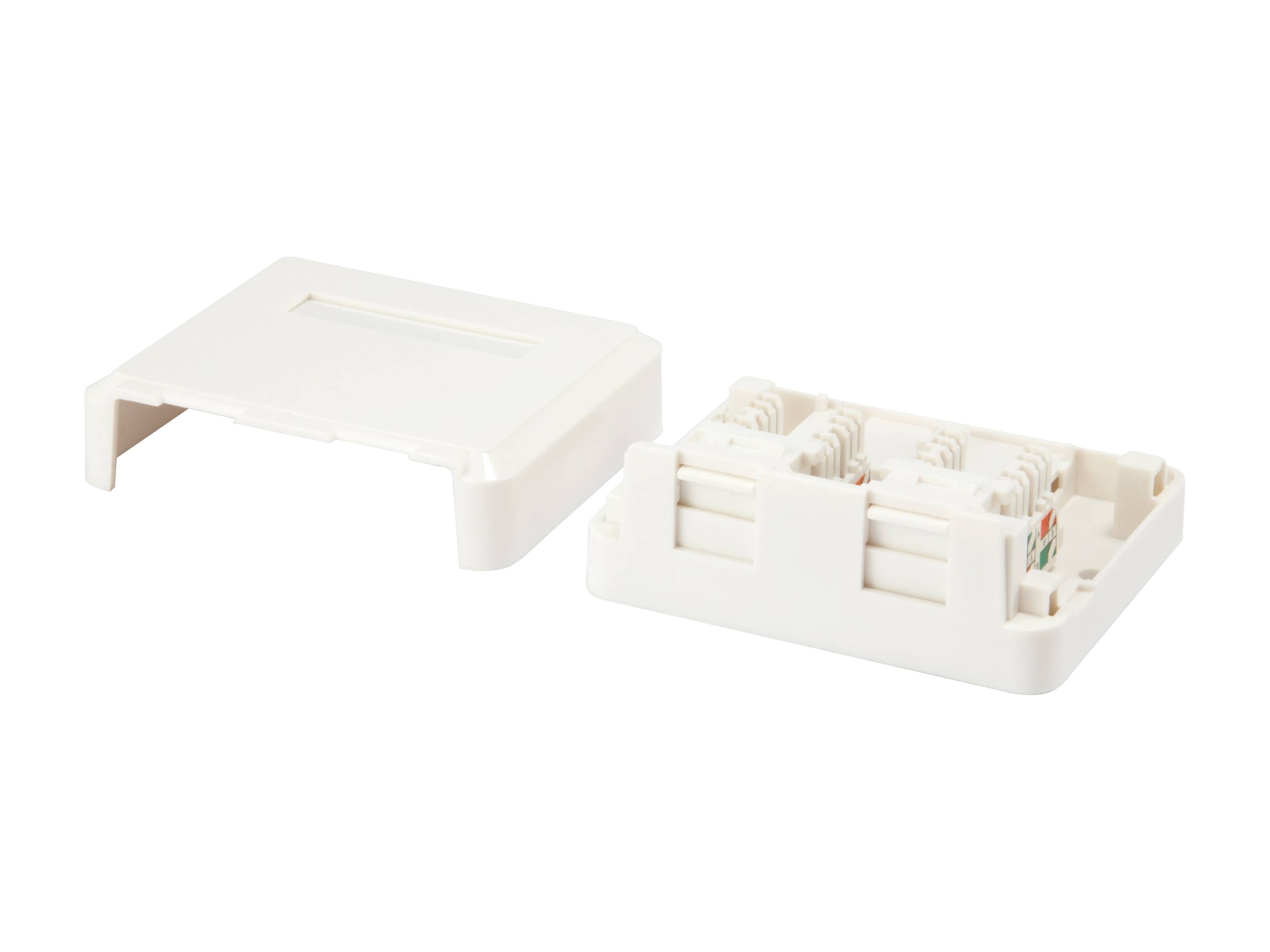 Weiße Kunststoff-Kabelorganisationsbox mit abnehmbarem Deckel, offen dargestellt, um aufgerollte Kabel im Inneren zu zeigen.