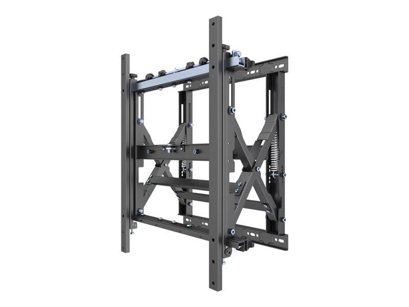 Ein schwarzes Metall-TV-Wandhalterungsgestell mit einem verstellbaren Scherenstil-Auszieharm auf weißem Hintergrund.