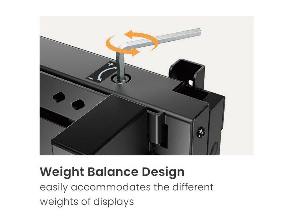 Abbildung einer Monitorhalterung mit Gewichtsausgleichseinstellung mittels Inbusschlüssel, gekennzeichnet mit „Weight-Balance-Design