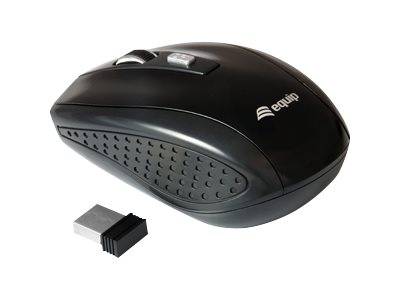Schwarze kabellose Computermaus mit USB-Empfängerstecker, gezeigt auf weißem Hintergrund.