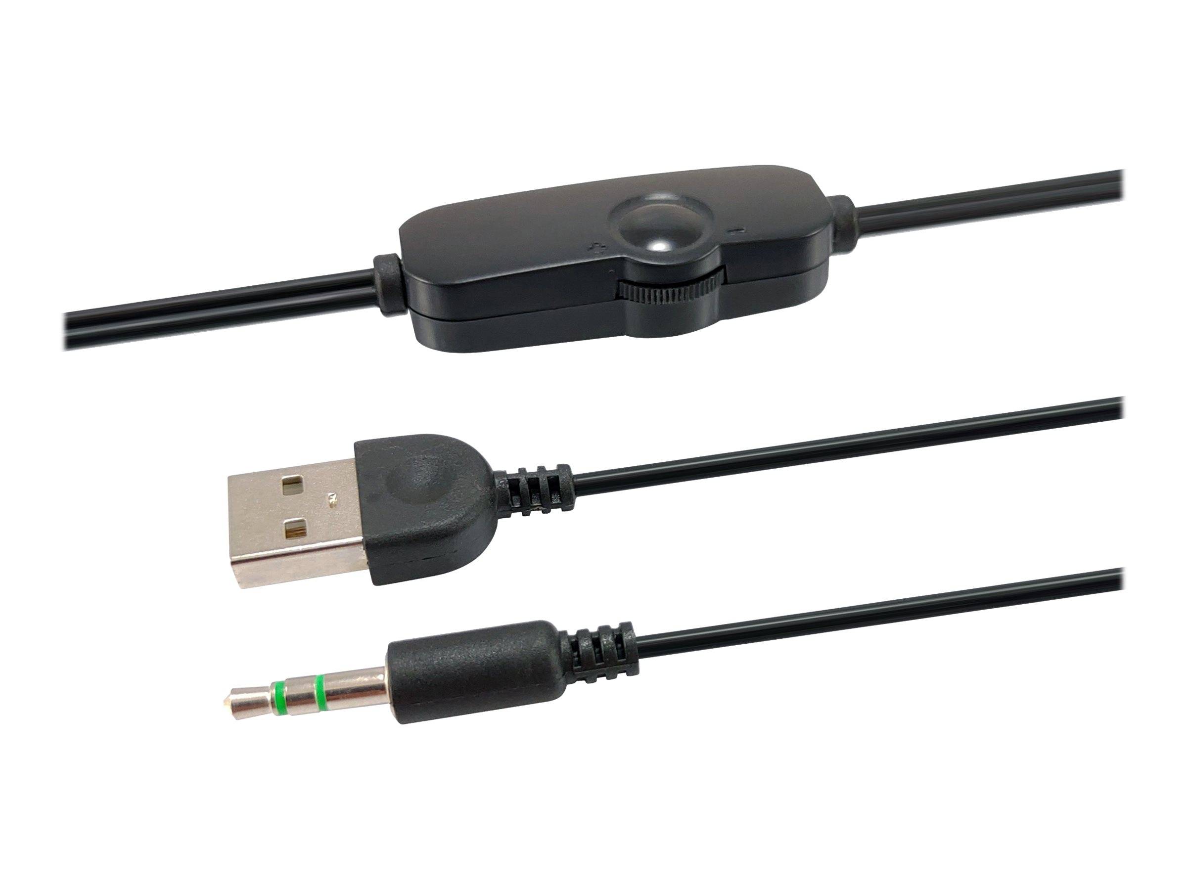 Drei schwarze Audiokabel mit Inline-Bedienelementen: ein mittleres Drehrad sowie USB- und 3,5-mm-Steckeranschlüsse auf weißem Hintergrund.