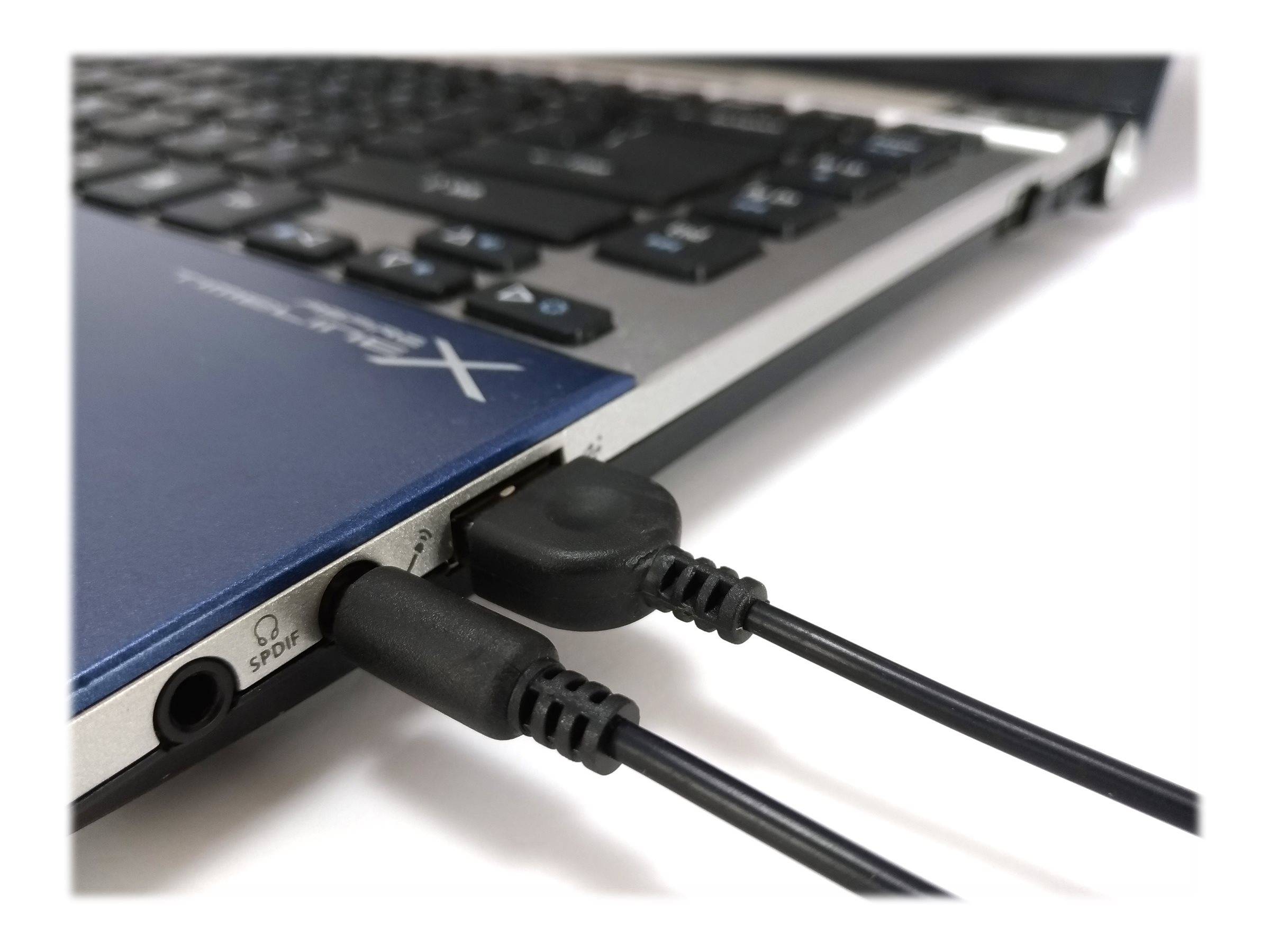 Nahaufnahme der Seite eines Laptops mit Strom- und Audiokabeln, die in seine Anschlüsse eingesteckt sind.