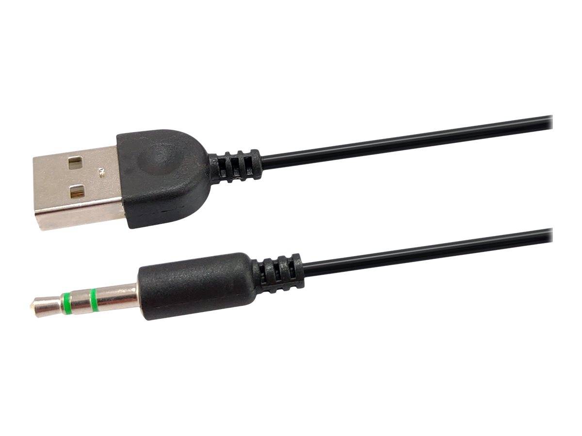 USB-auf-3,5-mm-Audioadapterkabel mit einem USB-A-Stecker an einem Ende und einer 3,5-mm-Audiobuchse auf der anderen Seite.