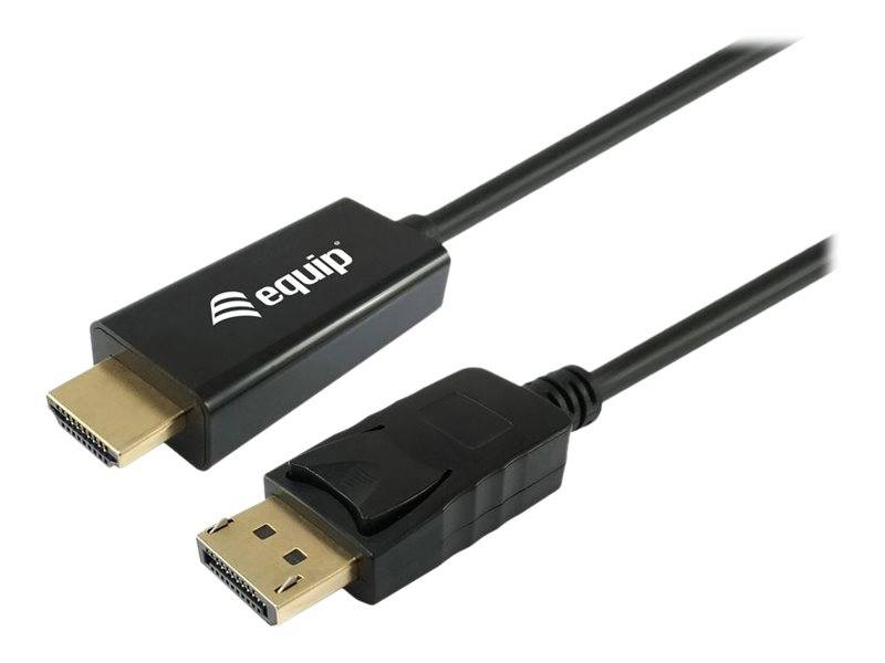 Zwei HDMI-Stecker (Stecker) auf schwarzen Kabeln, einer mit der Bezeichnung „equip", auf weißem Hintergrund gezeigt.