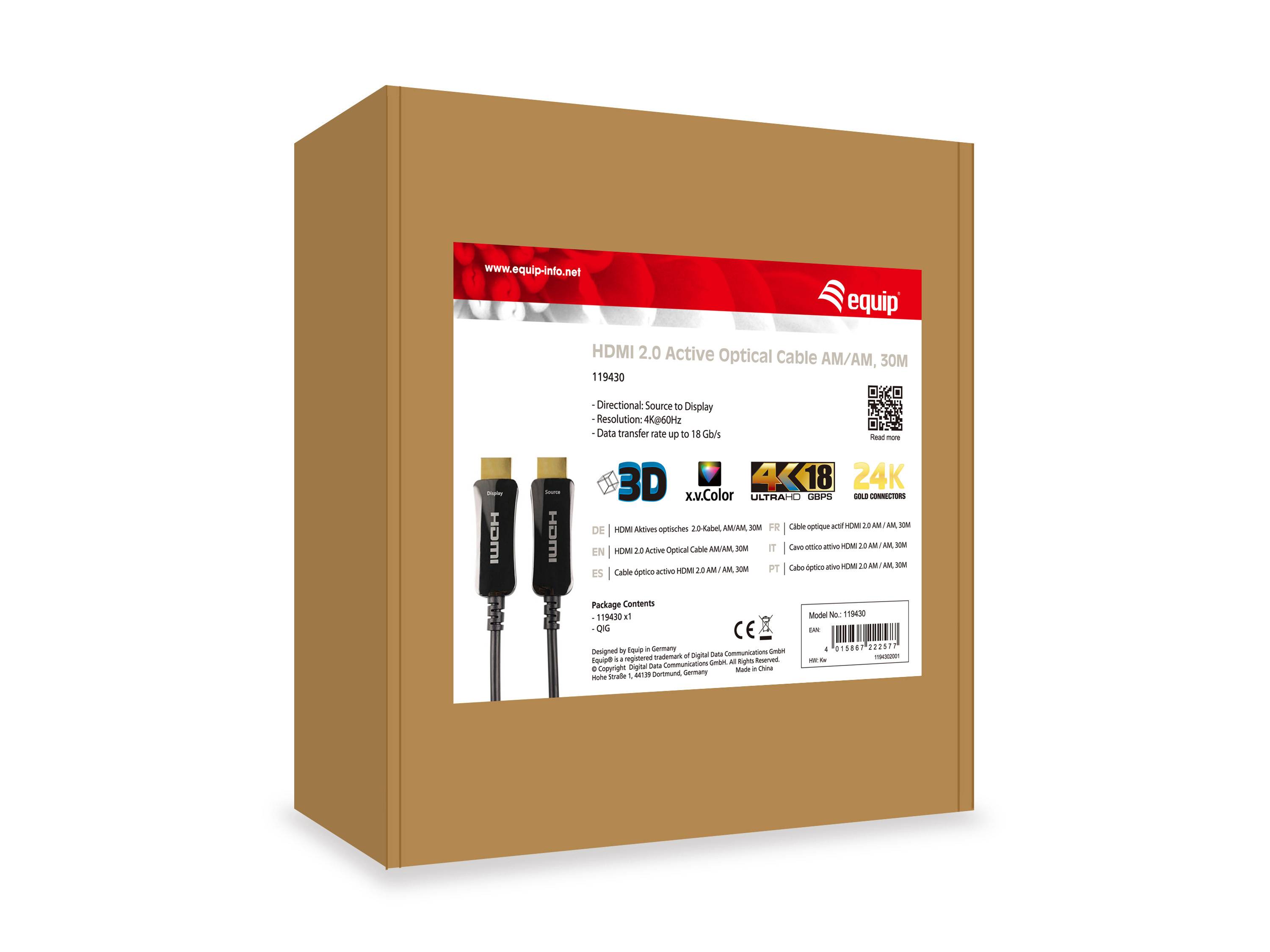 Equip Life - Highspeed - HDMI-Kabel mit Ethernet - HDMI männlich zu HDMI männlich - 30 m - 4K Unterstützung, Active Opti