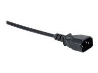 Schwarzes Stromkabel mit einem rechteckigen IEC-Stecker auf weißem Hintergrund.