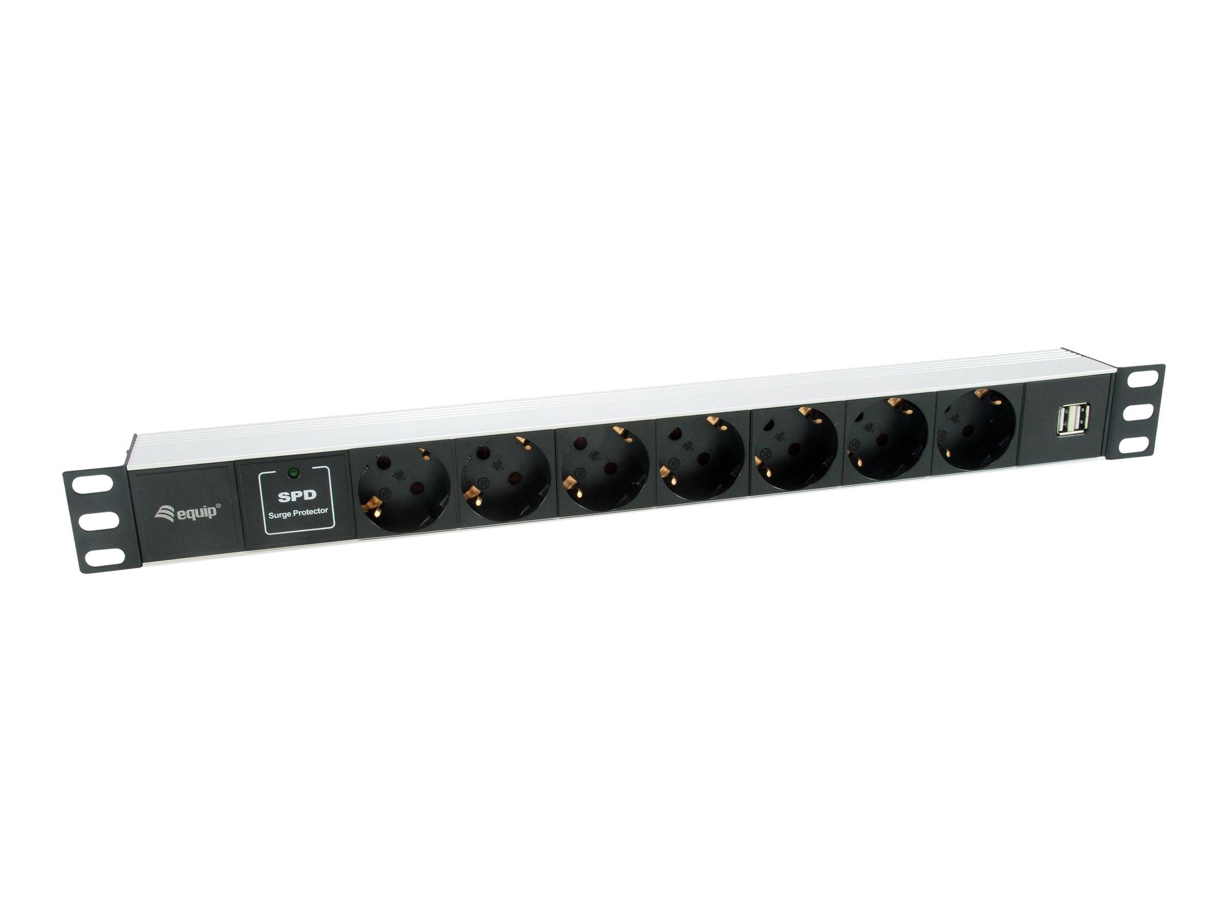 Schwarze Rack-Mount-Steckdosenleiste mit mehreren runden Steckdosen und einem USB-Anschluss auf der rechten Seite, auf weißem Hintergrund dargestellt.