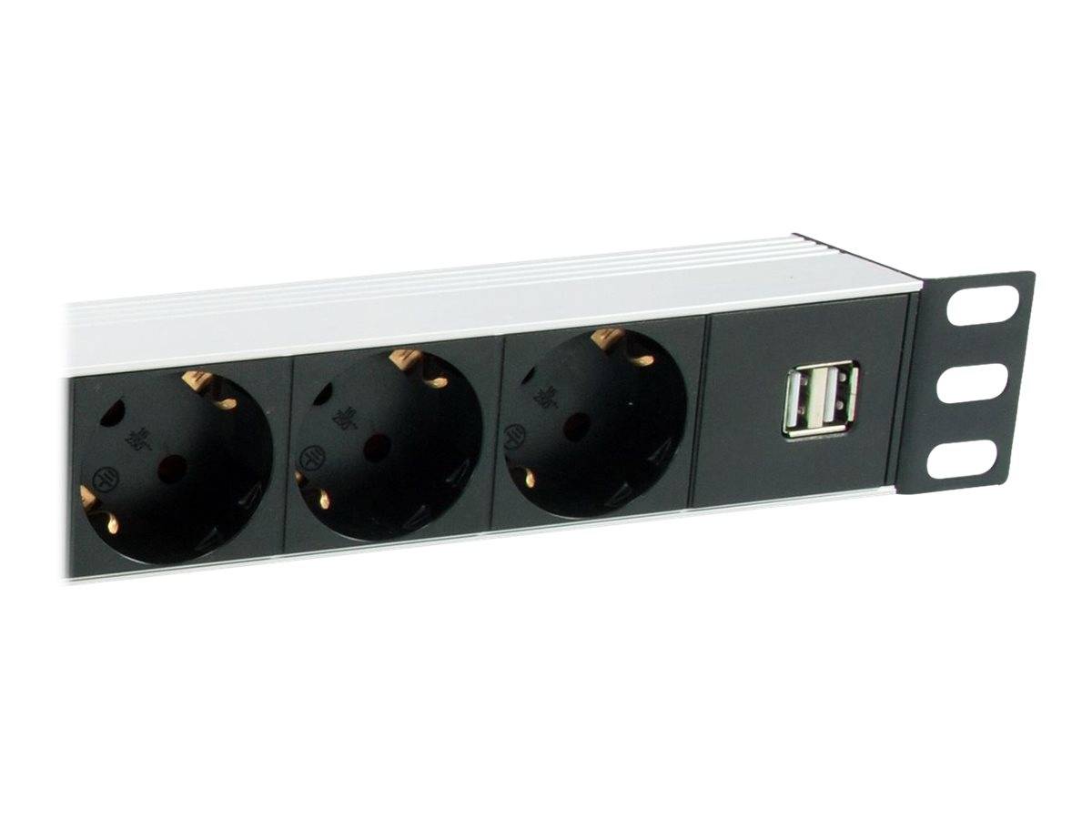 Eine schwarze Rack-Mount-Steckdosenleiste mit drei runden elektrischen Steckdosen, einem USB-Port und Metall-Befestigungswinkeln.