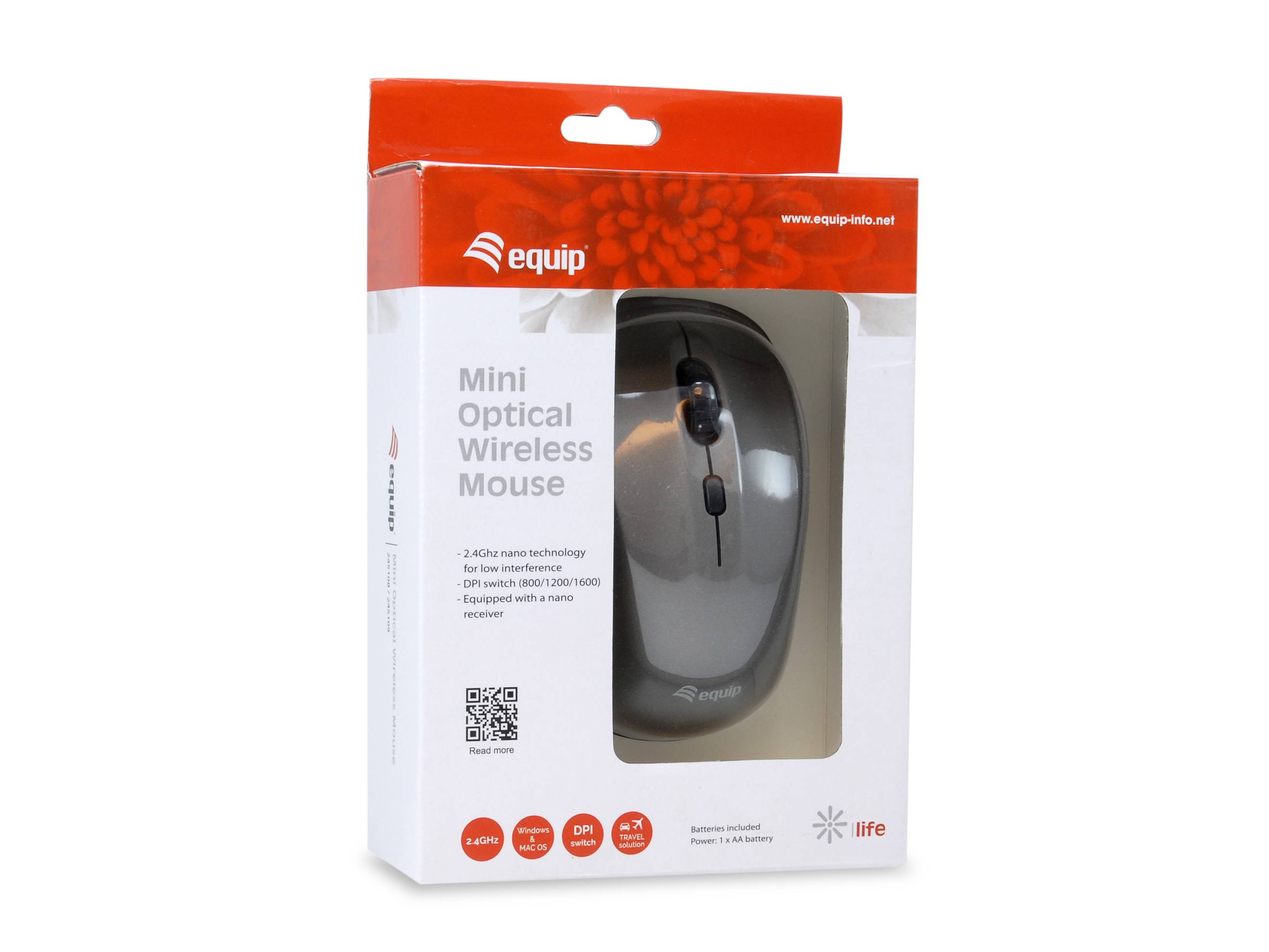 Equip Optische Mini Maus kabellos - Beidhändig - Optisch - RF Wireless - 1600 DPI - Grau