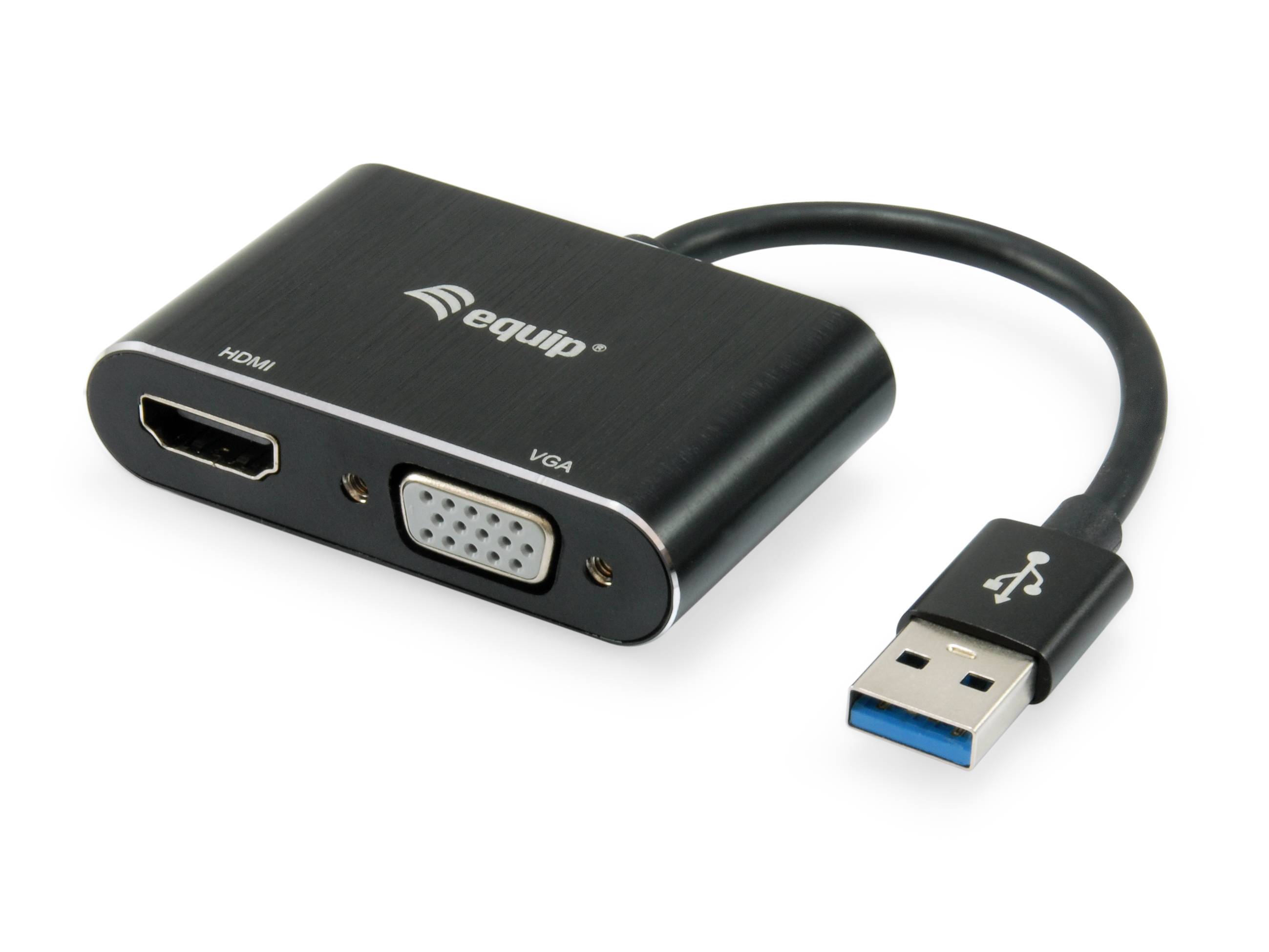 Schwarzer HDMI-auf-VGA-Adapter mit angeschlossenem USB-A-Kabel, der HDMI- und VGA-Anschlüsse zum Verbinden von Geräten mit Displays zeigt.
