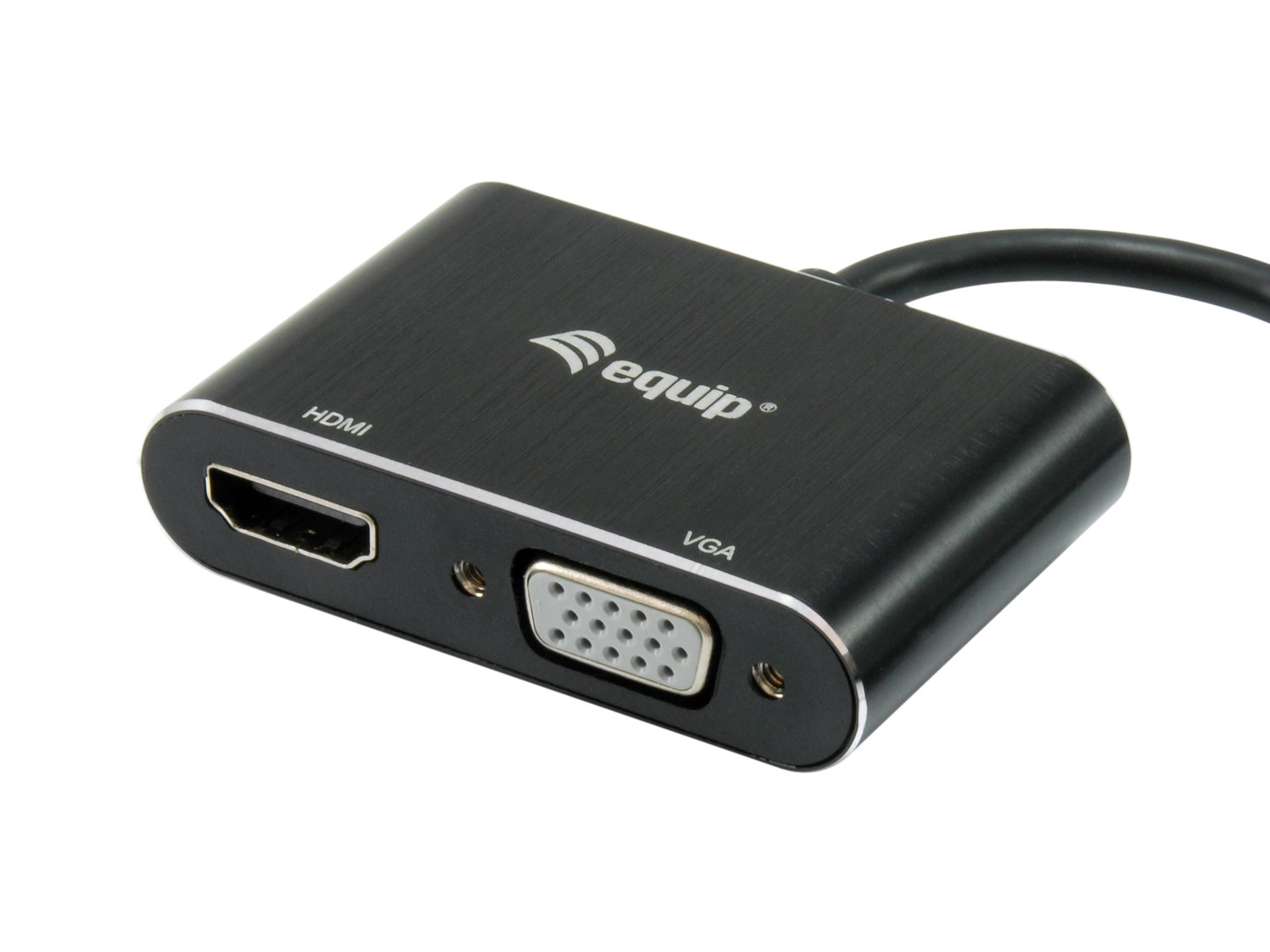Schwarzer HDMI-zu-VGA-Adapter mit angeschlossenem Kabel, zeigt HDMI-Eingang und VGA-Ausgangsanschlüsse.