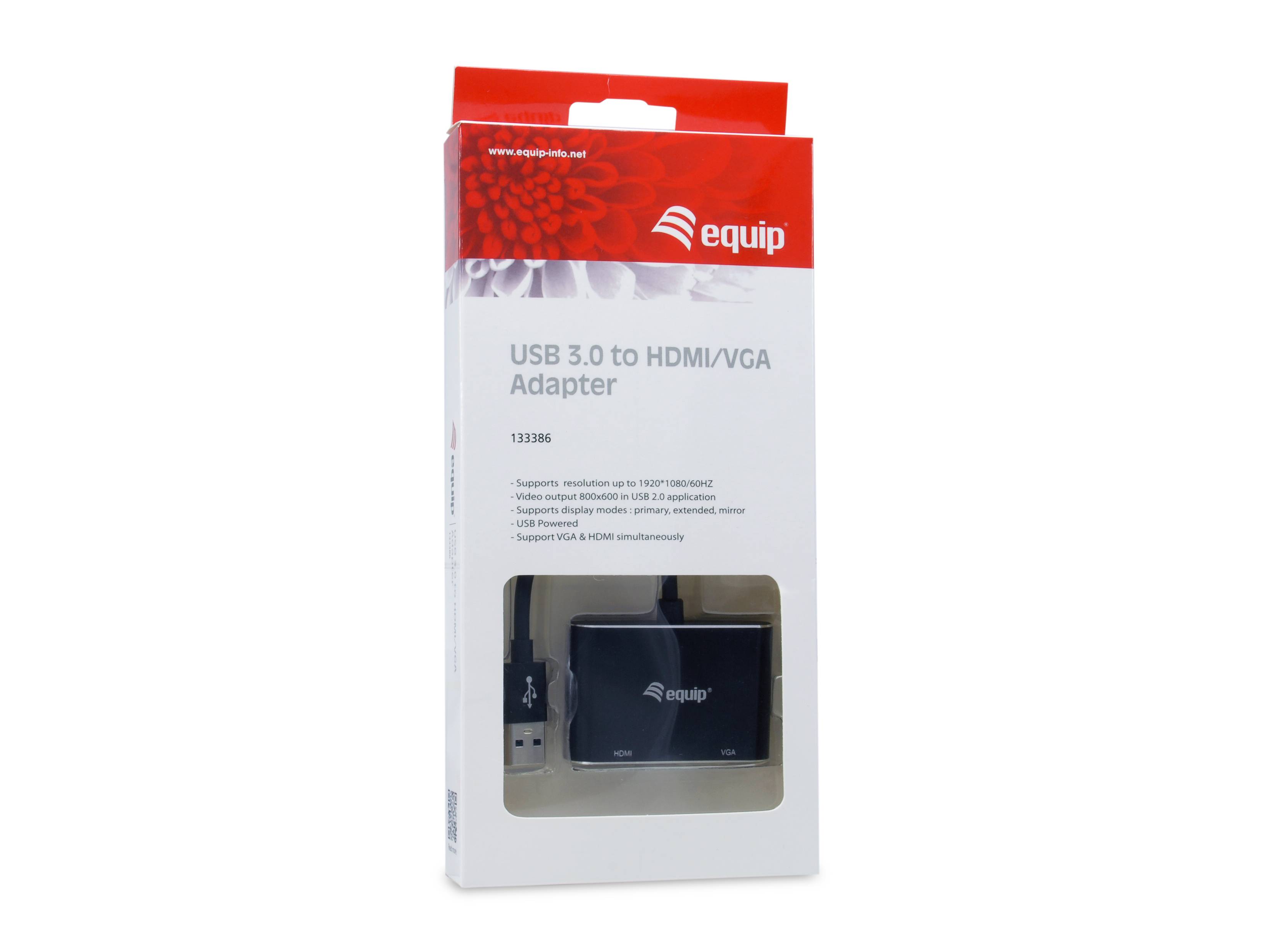 Verpackte Boxed Equip USB 3.0 zu HDMI/VGA-Adapter mit Produktfoto auf der Vorderseite.