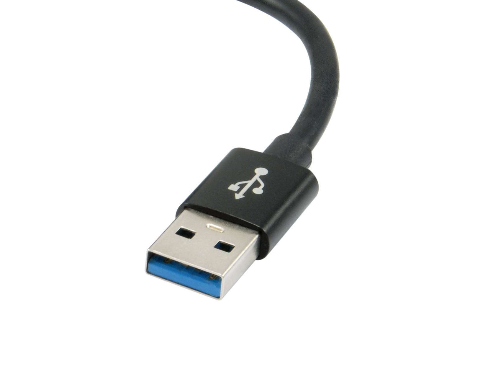 Nahaufnahme eines schwarzen USB-Kabels mit einem USB-A-Anschluss auf weißem Hintergrund.