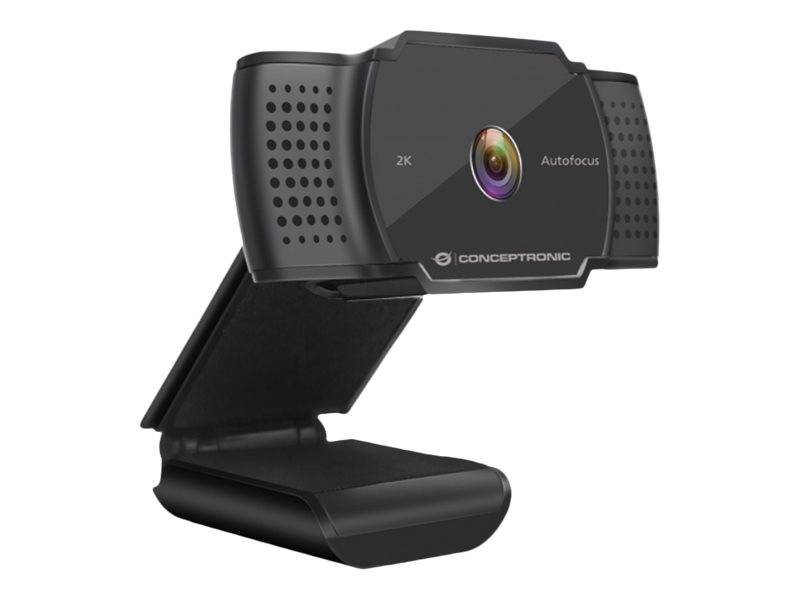 Schwarze Concepttronic 2K-Autofokus-Webcam mit verstellbarem klappbarem Ständer, auf weißem Hintergrund abgebildet.