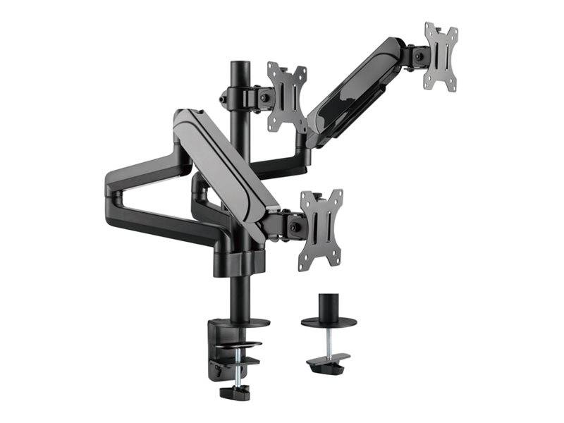 Dual-Monitor-Schwingarmhalterung mit zwei verstellbaren Gelenkrarmen und VESA-Platten, gezeigt mit Schreibtischklemme und Grommet-Befestigungszubehör.
