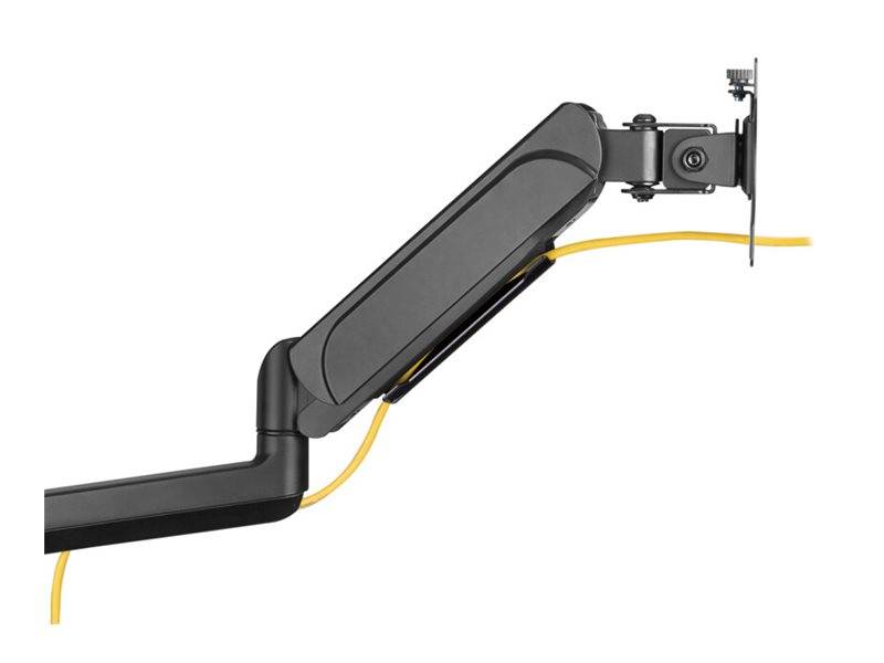 Schwarzer verstellbarer Kabelmanagement-Arm an einen Schreibtisch montiert, der gelbe Kabel ordentlich entlang seiner Länge führt.