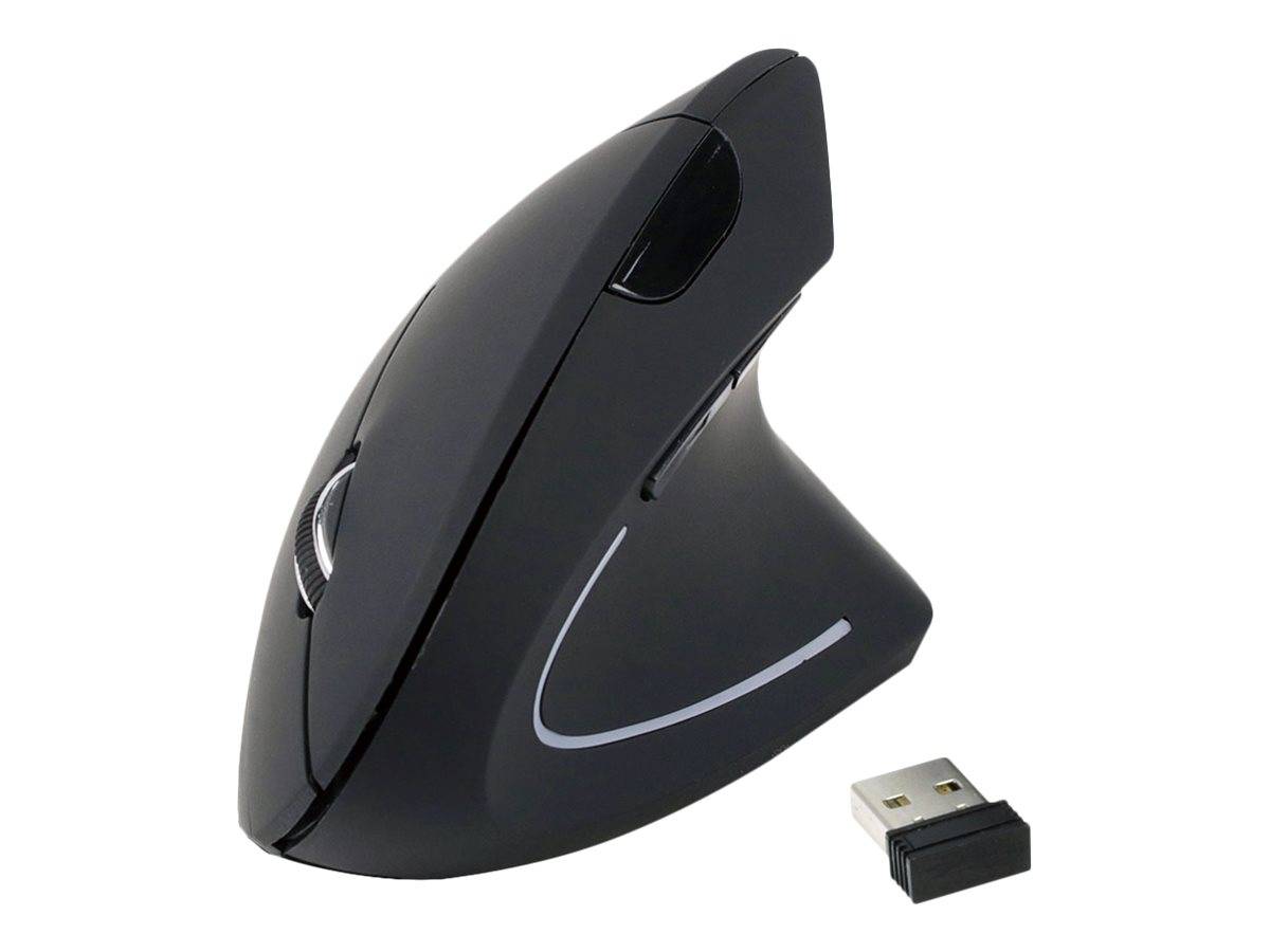 Schwarze ergonomische vertikale kabellose Maus mit USB-Empfänger daneben auf weißem Hintergrund.