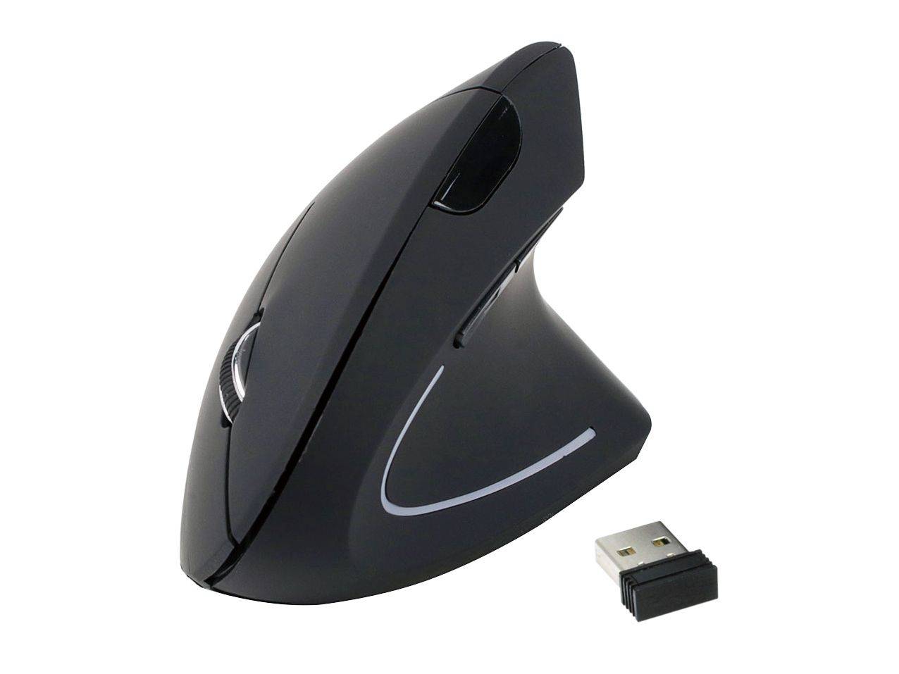 Schwarze ergonomische kabellose vertikale Maus mit USB-Empfänger auf weißem Hintergrund