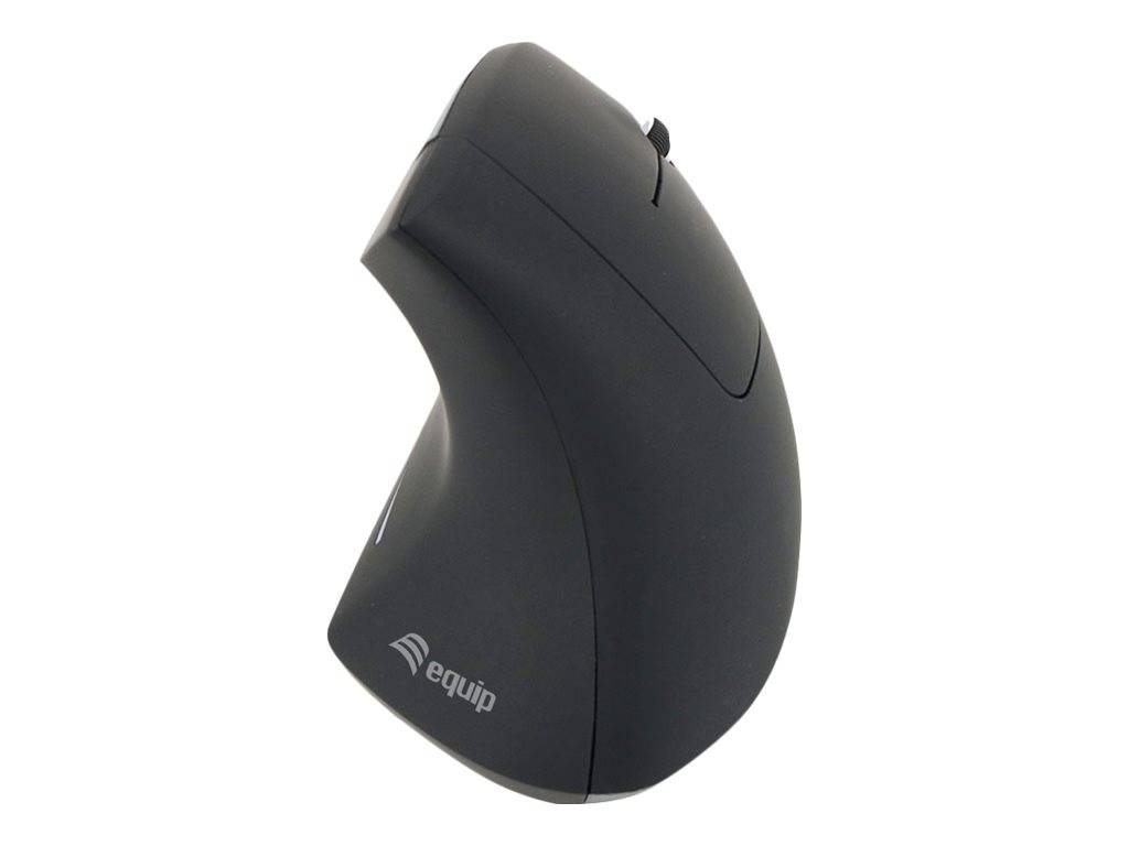 Schwarze ergonomische vertikale Computermaus mit zwei Tasten und Scrollrad, dargestellt auf weißem Hintergrund.