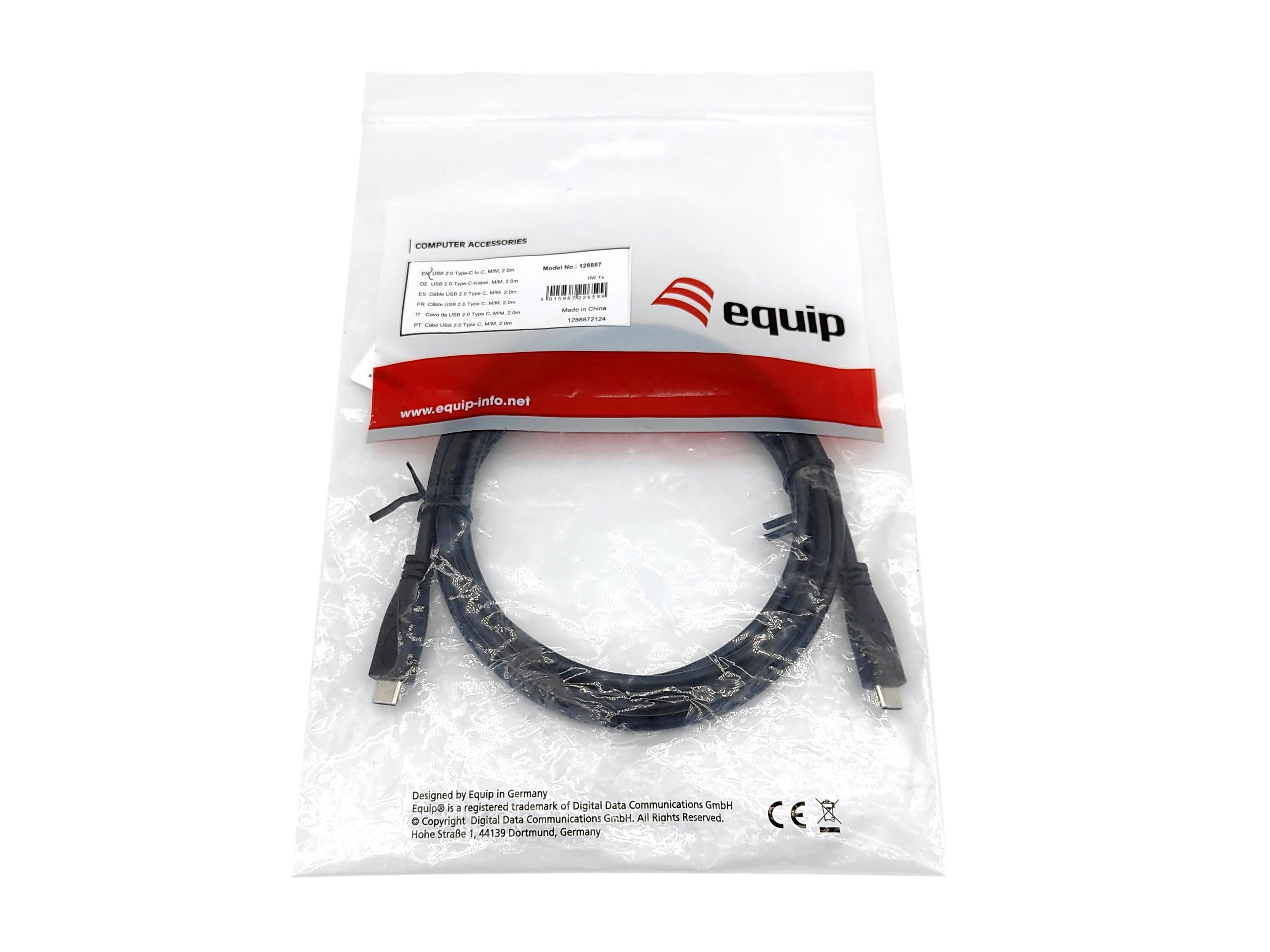 Versiegelte Kunststoffpackung mit einem schwarzen Equip-Computerkabel mit Barcode-Etikett und rotem Branding.