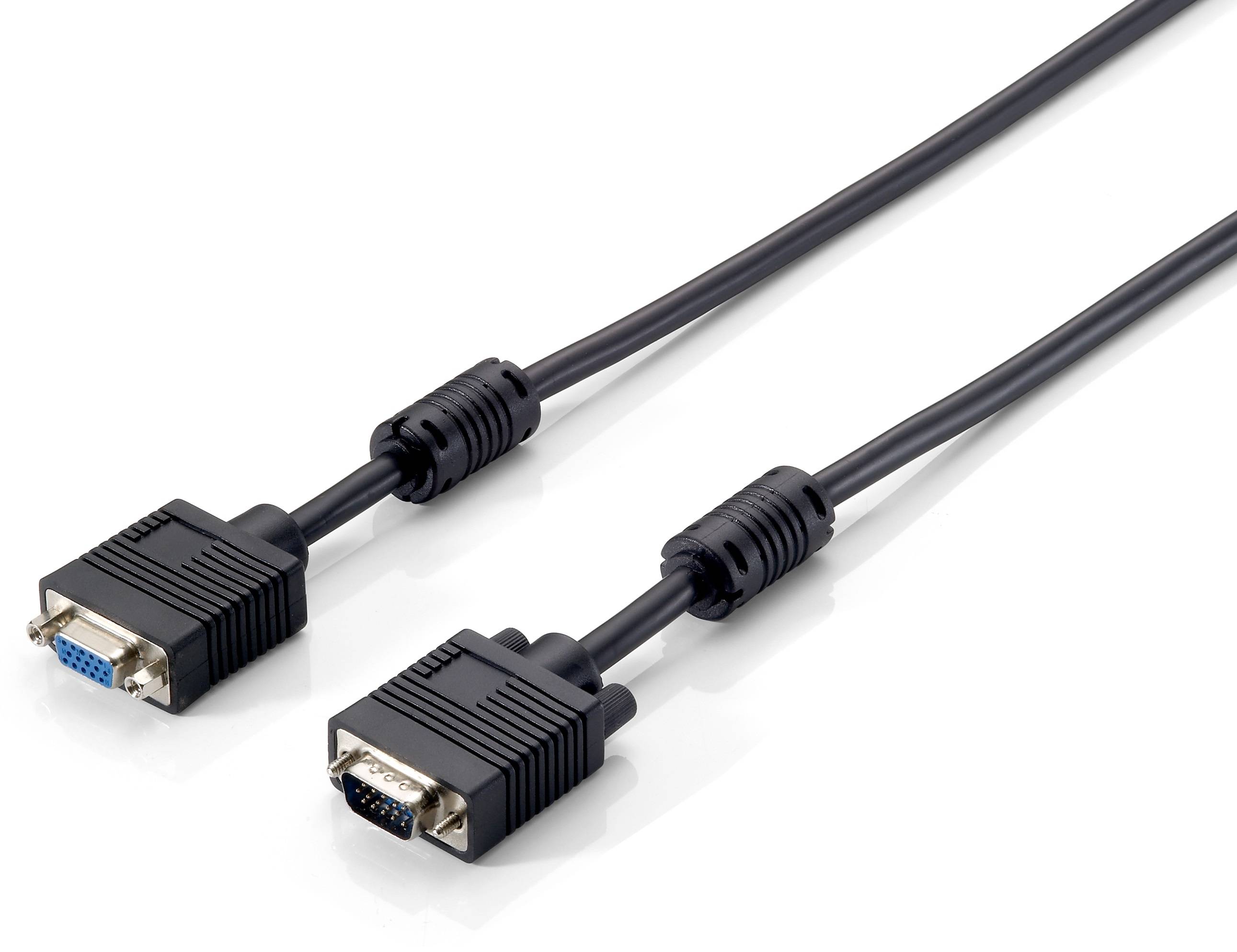 Zwei schwarze VGA Stecker-zu-Stecker-Displaykabel mit 15-poligen Anschlüssen auf weißem Hintergrund.