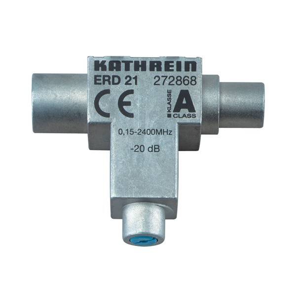 Ein Metallverteiler mit der Bezeichnung KATHREIN, Modell ERD 21, CE-gekennzeichnet, 0,15-2400 MHz, 20 dB Dämpfung, Klasse A.