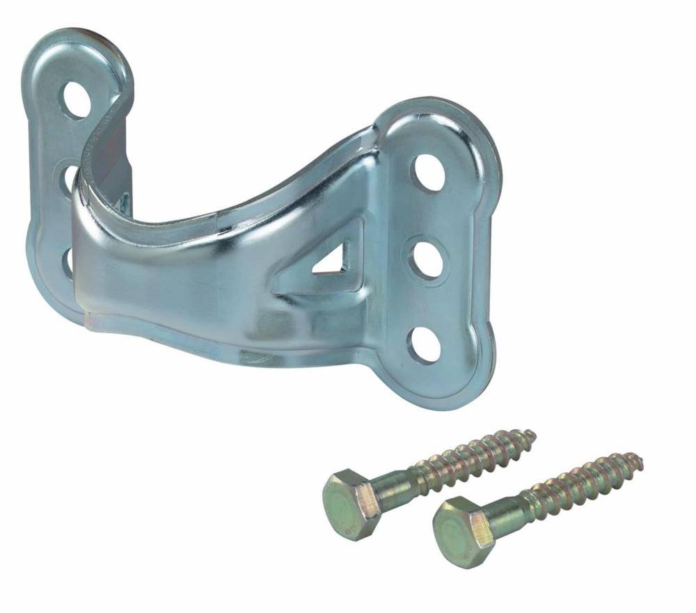 Eine Metallwandhalterung mit einer geschwungenen Stütze und drei Befestigungslöchern, versehen mit zwei Schrauben, konzipiert zum Befestigen von Gegenständen an einer Wand.