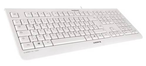 Weiße Computertastatur mit Nummernblock auf einfachem weißem Hintergrund, Schrägansicht.
