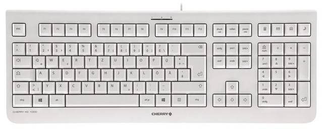 Weiße Cherry-Tastatur mit vollständiger Größe, Funktionsreihe, Navigationscluster, Pfeiltasten und Ziffernblock.