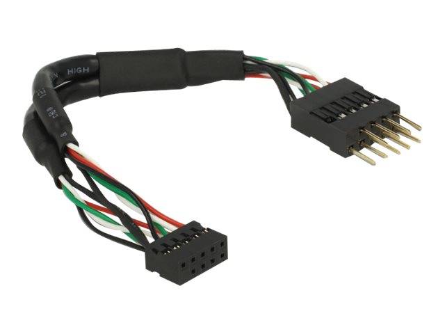 Ein schwarzes Adapterkabel für die Verkabelung mit zwei unterschiedlichen mehradrigen Steckern an jedem Ende, gezeigt auf weißem Hintergrund.