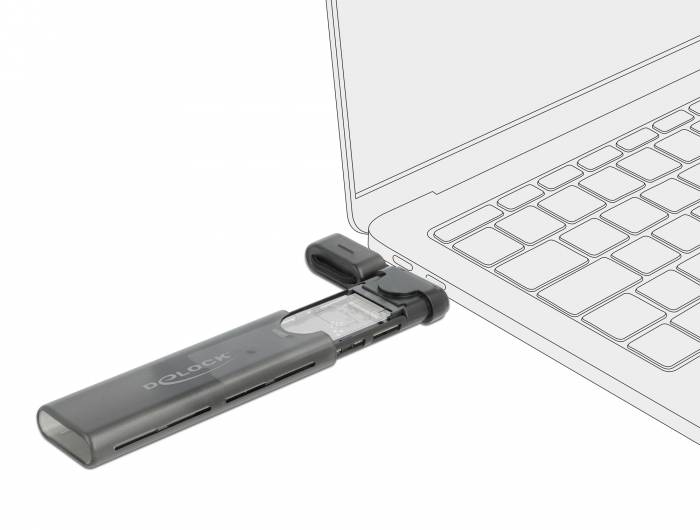 USB-C-Hub-Adapter, der in einen Laptop eingesteckt ist, gezeigt in einer Produktabbildung.