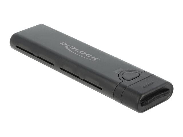 Schwarzes Delock USB-Speicherlaufwerk mit einziehbarem Anschluss und Seitentaste, dargestellt auf weißem Hintergrund.