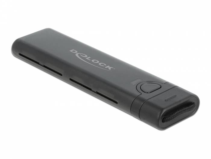 Tragbares USB-Flashlaufwerk Black dPLOCK mit integrierter Schieberkappung und Schlüsselringschlaufe, auf weißem Hintergrund dargestellt.