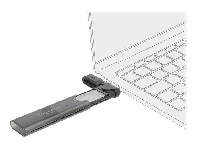 USB-C-Hub, der mit einem Laptop verbunden ist und mehrere Anschlüsse zeigt, mit einem angeschlossenen Gerät, das an der Seite eingesteckt ist